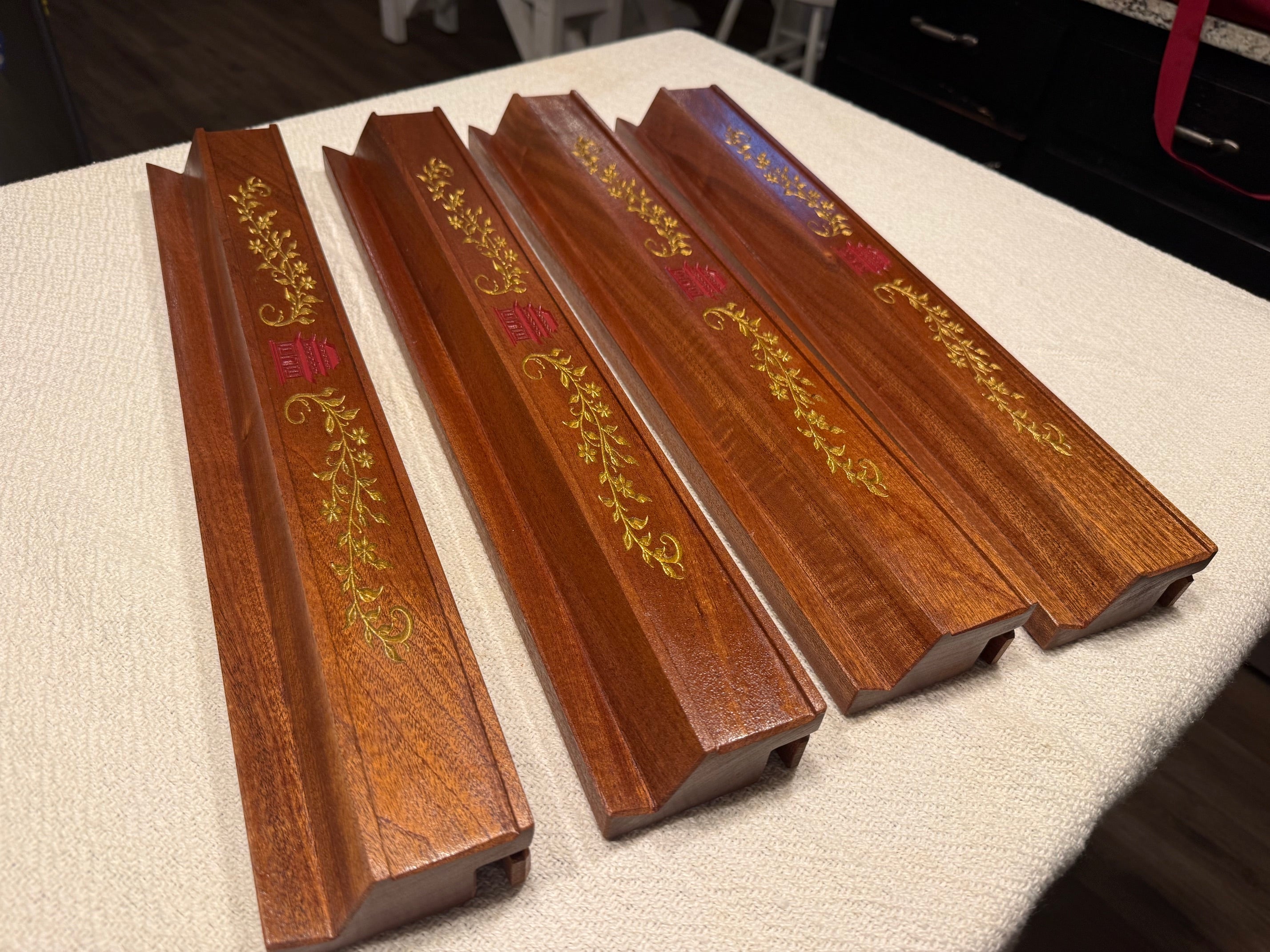 Mahjong Racks (Set of 4) - Carved Inlay Exotic African Sapele Magnetic Pushers (Copy)